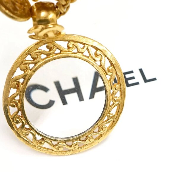 CHANEL CC Logo Loupe Pendant Necklace 33" Gold Tone 95A Auth w/Box - Picture 10 of 11